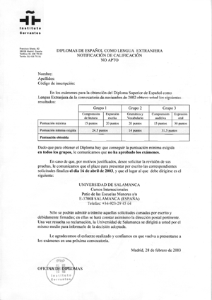 www.liberarte.jp スペイン語試験情報<DELE不合格通知>
